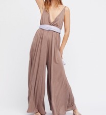 NWT FREE PEOPLE SzXS HEATWAVE FLOWY WIDE LEG JUMPSUIT PLAYSUIT TOFFEE COMBO