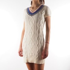Tommy Hilfiger Cable Knit Long Sweater Dress Sequin V-Neck Short Sleeve Ivory M