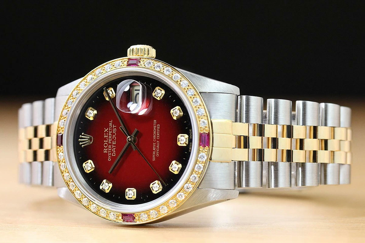 ROLEX MENS DATEJUST 16013 RED VIGNETTE 18K YELLOW GOLD RUBY