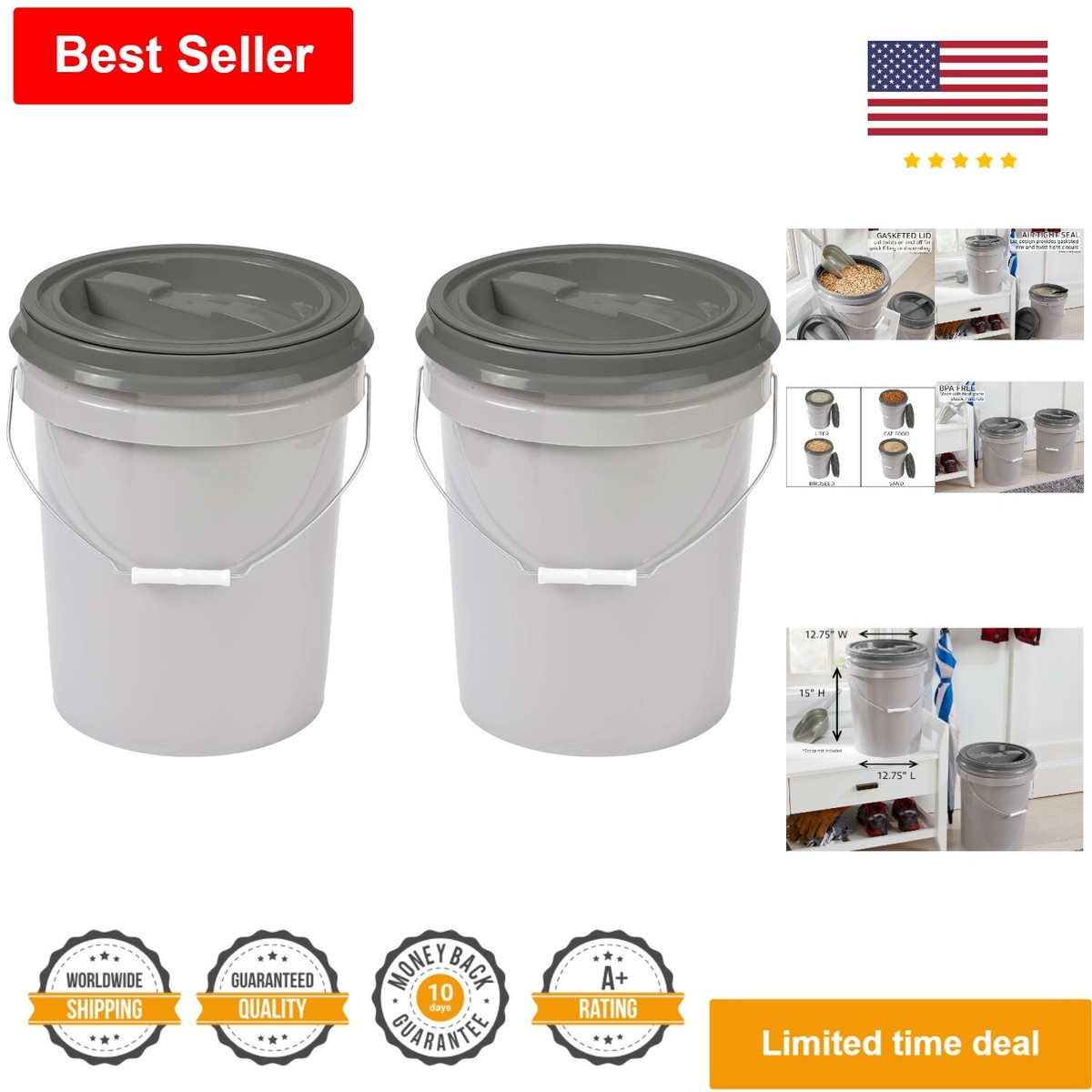 Pet Food Storage Container - 5 Gallon - Pack of 2 - Metal Handle 