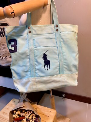 Polo Ralph Lauren Light Blue Big Pony Zip Cotton Canvas Tote