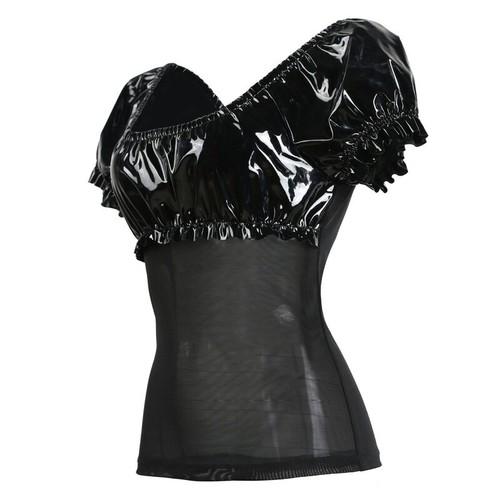 Ladies Gothic Punk Shiny Pvc Sheer Mesh Blouse Top Off Shoulder Club Black Party - Picture 2 of 5