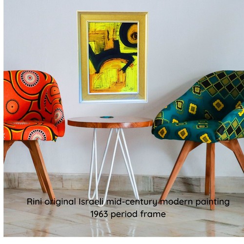 Original abstract painting framed signed OOAK mid-century Rini 1963 Israeli art - Picture 2 of 9