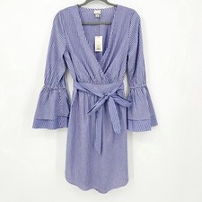 A New Day Dress Size S Blue Striped Long Bell Sleeve Faux Wrap V Neck Stretch
