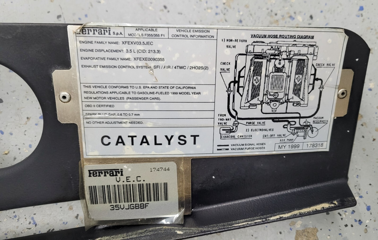 Ferrari 355 64501500 RH Lateral Catalyst Emission Label Engine Bay Cover F355