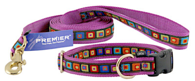 Premier Purple 3D Blocks Jacquard Ribbon Dog Collar & Leash Closeout - Large