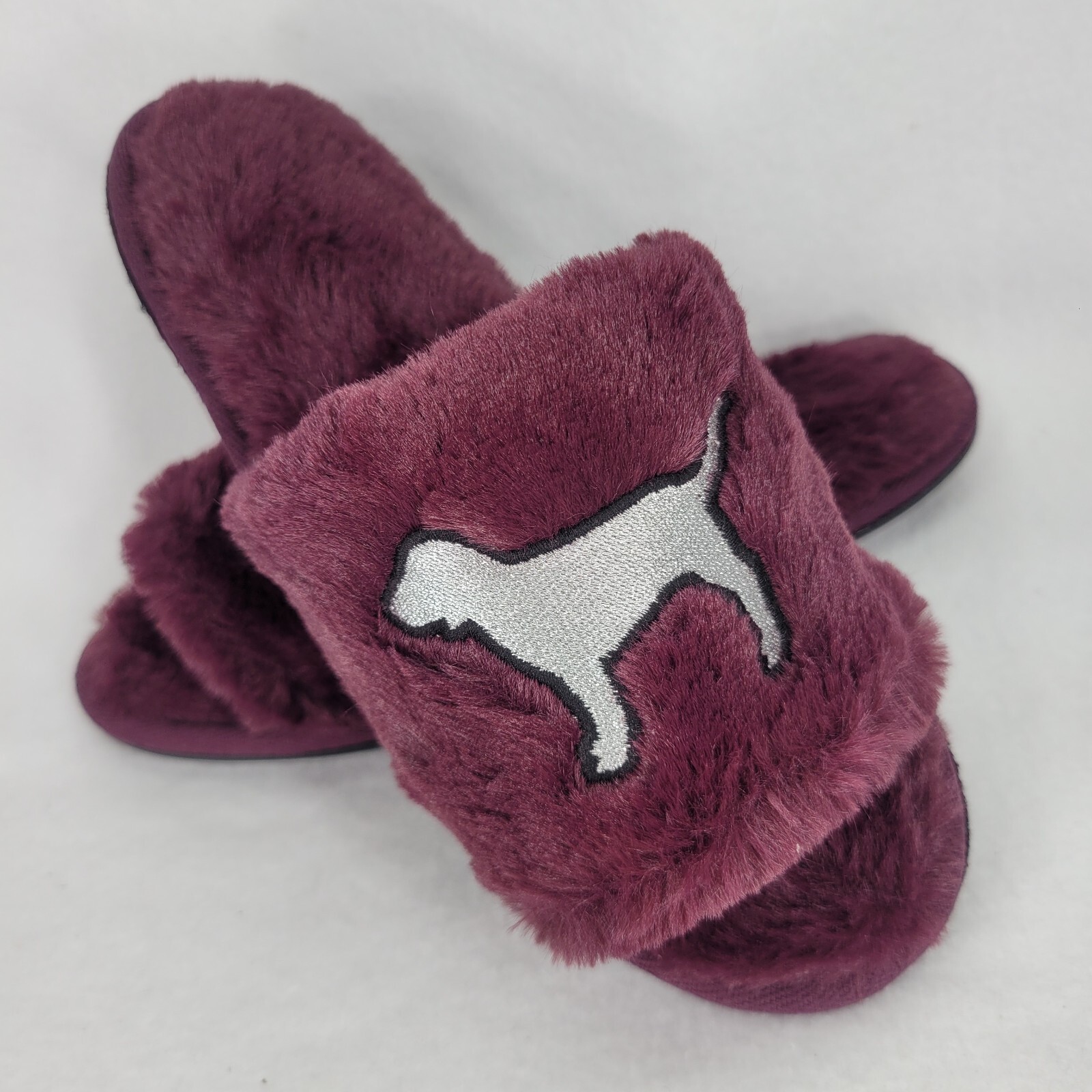 Pink Womens Medium Fuzzy Plush Slides with Purple Dog Logo-image