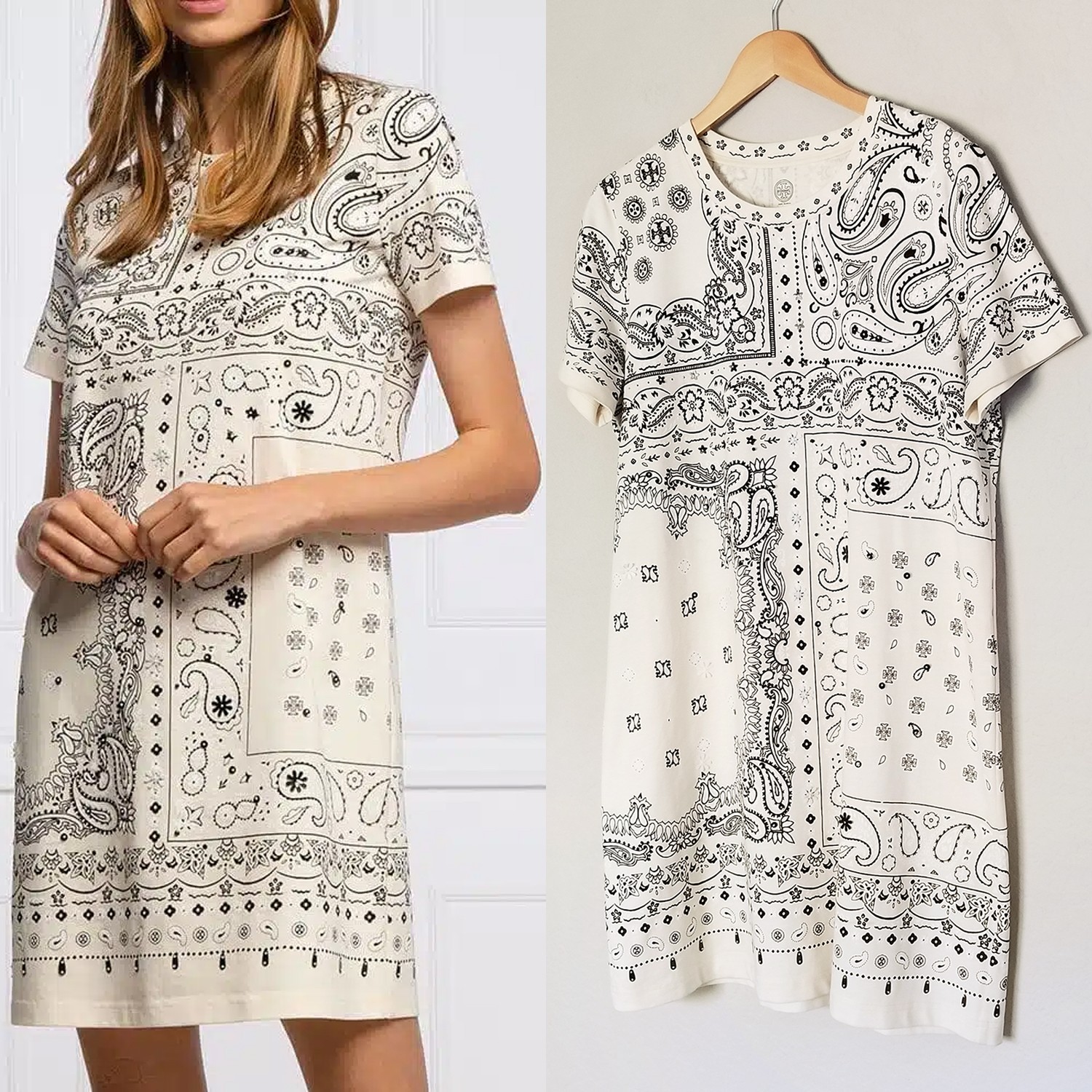 Tory Burch Bandana Collection Print T Shirt Dress Sequins Beaded Cotton XL $258