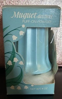 Muguet Des Bois Powder Pouf Puff 4 oz By Coty Vintage In Box Aqua Blue