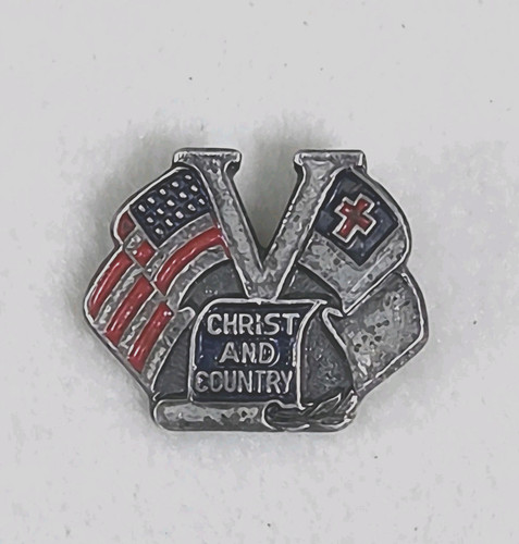 Vintage 1942 WWII CHRIST AND COUNTRY Enamel STERLING Pin VICTORY Pinback