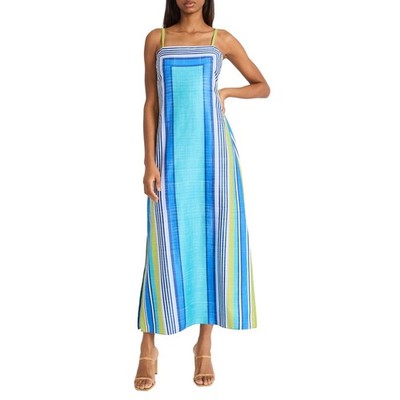 Donna Morgan Lime Blue Striped Maxi Dress Spaghetti Strap Side Slit Size 16 NEW