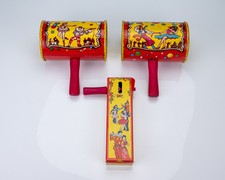 Vintage Kirchhof Tin Litho Noisemakers Lot of 3 Party Rattles Wood Handle