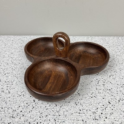 Wood Three Section Snack Server Condiment Relish Serving Tray Boho