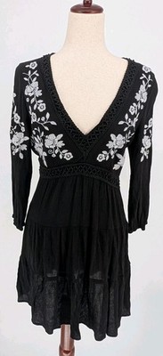 Boho Embroidered Floral Peasant Dress XS Black Festival Cottagecore Fairy Hippie