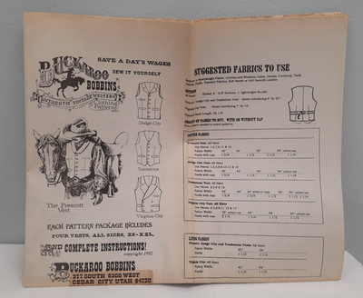 Buckaroo Bobbins Vintage Western Pattern ~ The Prescott Vest ~ Sizes XS-XXL ~ UC