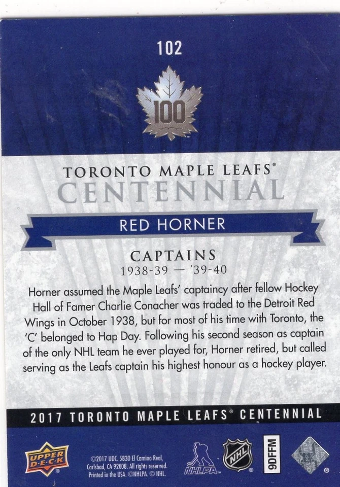 2017-18 Toronto Maple Leafs Centennial Blue Exclusives #102 Red Horner /99 - Image 2 of 2