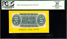 NY 50¢ SYRACUSE New York Sabey Hats Caps Furs PCGS Currency Very Fine 35 Ad Note