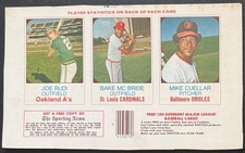 1975 Hostess Full Box Bottom, Joe Rudi, Bake McBride, Mike Cuellar, #40-42,HC,FS