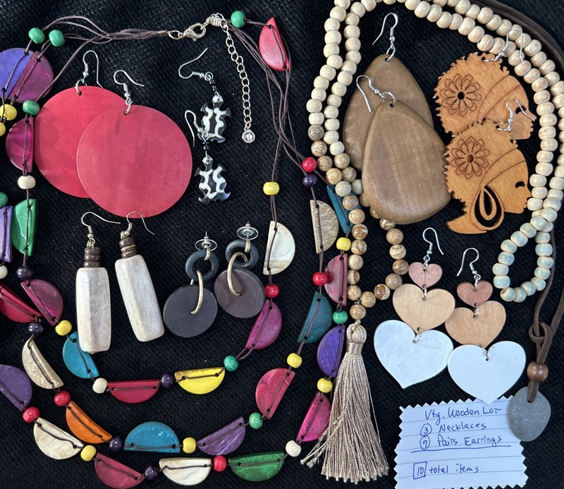 Vtg/now Wooden Costume Jewelry Lot of 10: Necklaces & Earrings