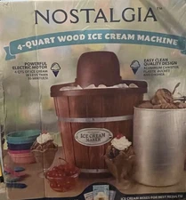 Nostalgia Electric 4-Quart Wood Bucket Ice Cream Frozen Yogurt Gelato Maker