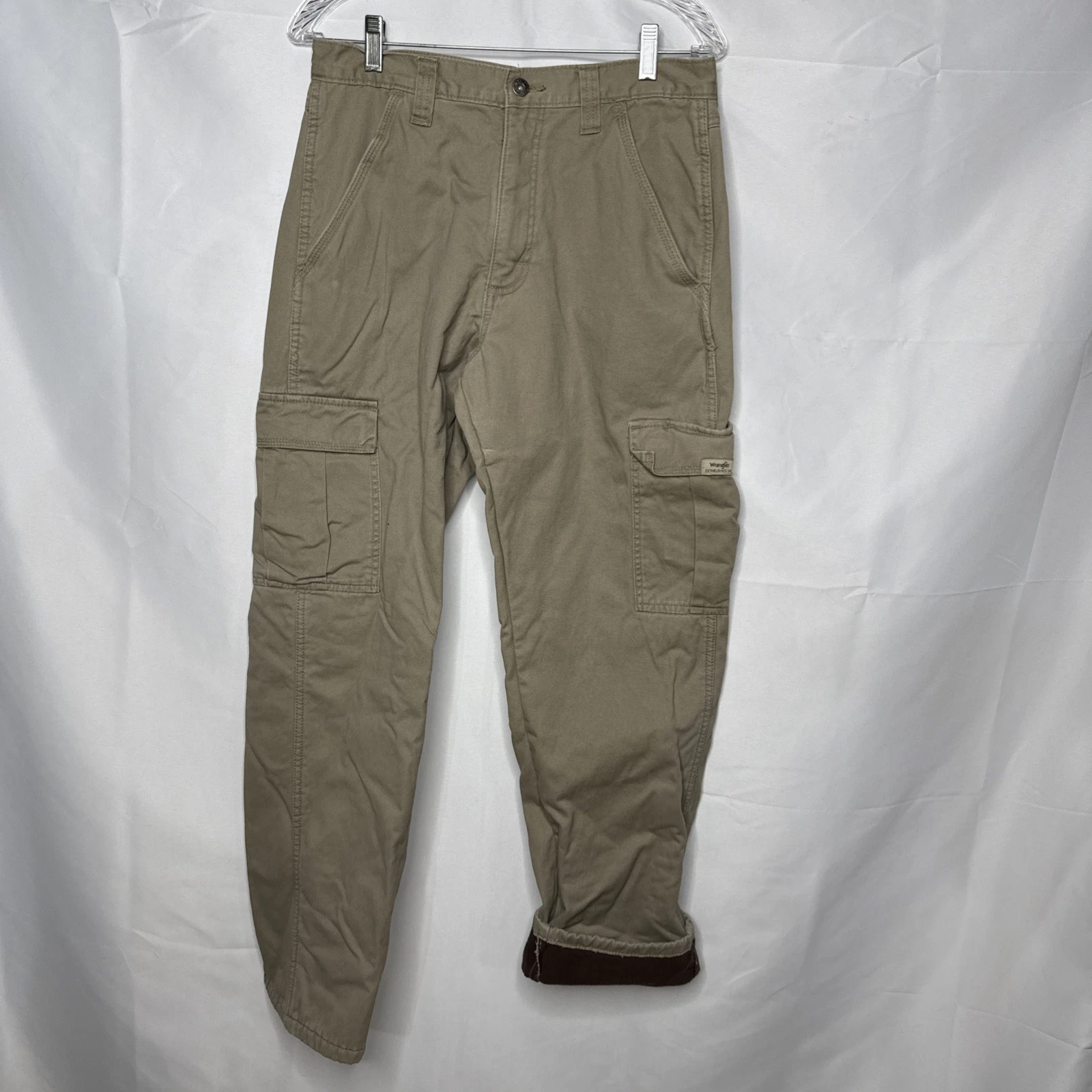 Wrangler Mens Flannel Lined Pants Tan 30x32 4 Pocket Cargo Hiking Hunting