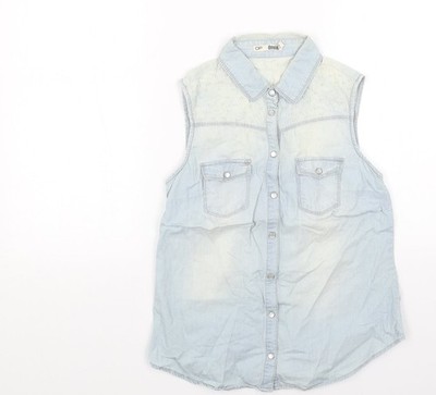 DP Damen blau Baumwolle Basic Knopfleiste Größe 10 Kragen - Perlendetail