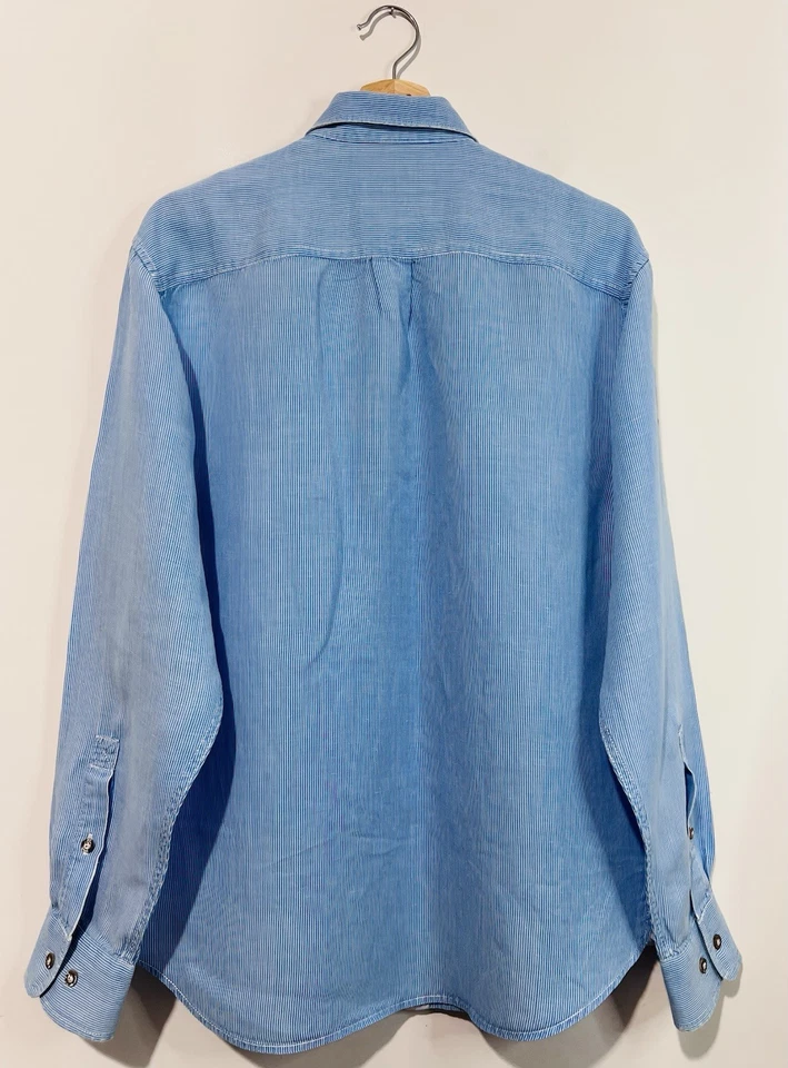 Tommy Bahama 男式纽扣衬衫 M 亚麻混纺白色蓝色条纹长袖 — 第 2/4 张图片