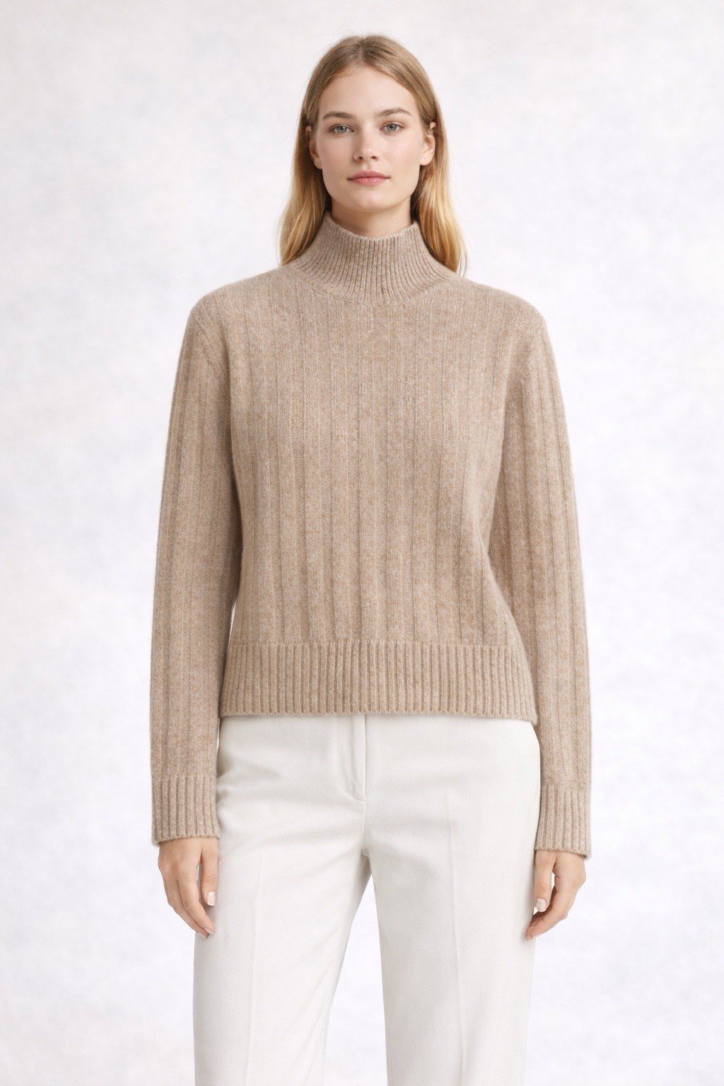 J.Crew Beige Ribbed Turtleneck Sweater Small Merino Wool Alpaca Minimalist