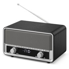 Vintage Wood AM FM Clock Radio with Bluetooth, Digital for Black