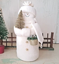 Hearts & Ivy 7.5" White Snowman W/ Gold Glitter Tree and Bucket of Berries