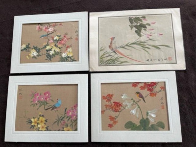 CHINESE SILK BIRD & FLOWER PAINTING STAMPED LOT OF 4 VINTAGE