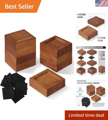 Set of 8 Adjustable Oak Furniture Risers - Height 1'' to 4'' with Non-Slip Fe...