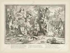antique demon devil occult print Witches Sabbath I , C. Gillot 1700 art poster 