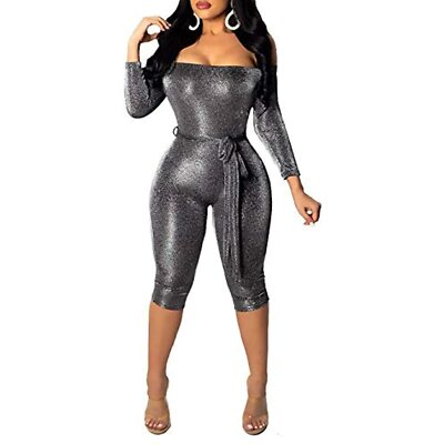 Sequin Jumpsuit Silver Short Jumpsuit Remelon Women Glitter Off