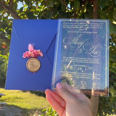50 pieces; Acrylic wedding invitation. Envelope, wax seal and dried flowers