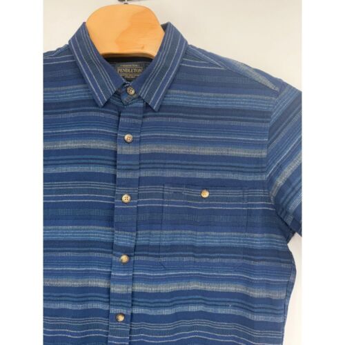 Pendleton Woolen Mills Men Blue Button Up Short Sleeve Shirt Fitted NWT Sz L - Picture 2 of 7