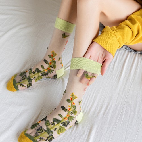 Calcetines finos de mujer flores pájaros gato estampado animal calcetines finos de red jacquard U 18 - Imagen 7 de 27