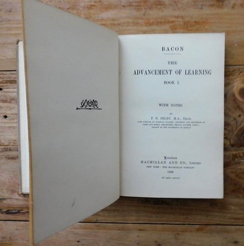 BACON Advancement Of Learning Book 1 With Notes by F.G. Selby, M.A. Oxox 1898 - Picture 2 of 8