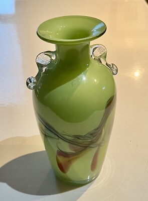 Mid-Century Dalian Opalescent Green Glass Vase Small with Colorful Swirling 8''