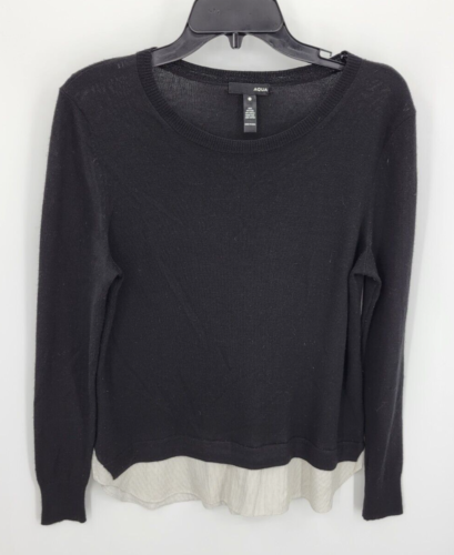 Aqua Sweater Womens Medium Black Contrast Shirttail Hem Wool Blend Pullover