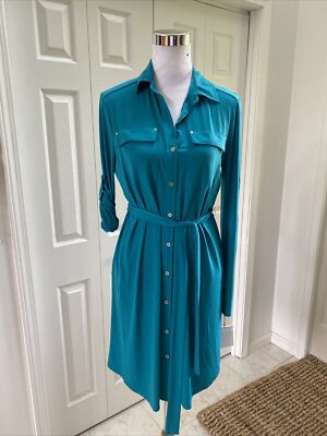 NWT Calvin Klein Teal Blue Collared Belted Tab Sleeve Shirt Dress 8 Ret $99  | eBay