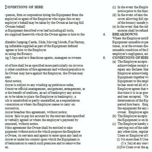 Rental Agreement Jumping Castle Disclaimer Form-  Bounce House Amusement Legal