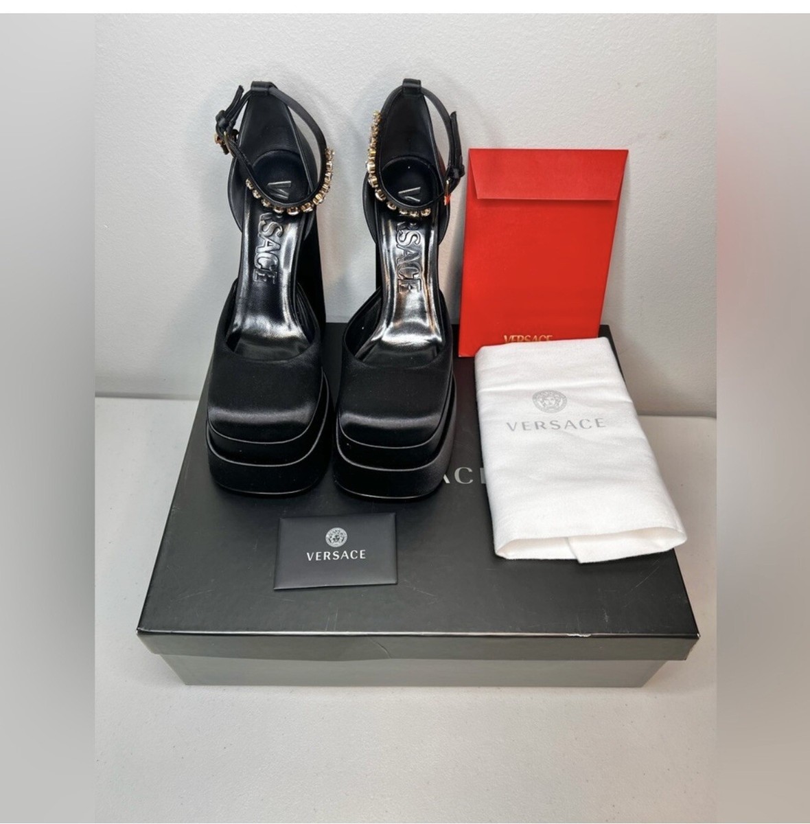 Versace Medusa Aevitas Satin Platform Pumps Heel Shoes Size