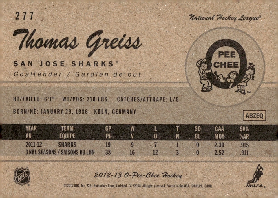Thomas Greiss - Signed 2012-13 O-Pee-Chee Retro Card #277 - San Jose Sharks - Image 2 of 2