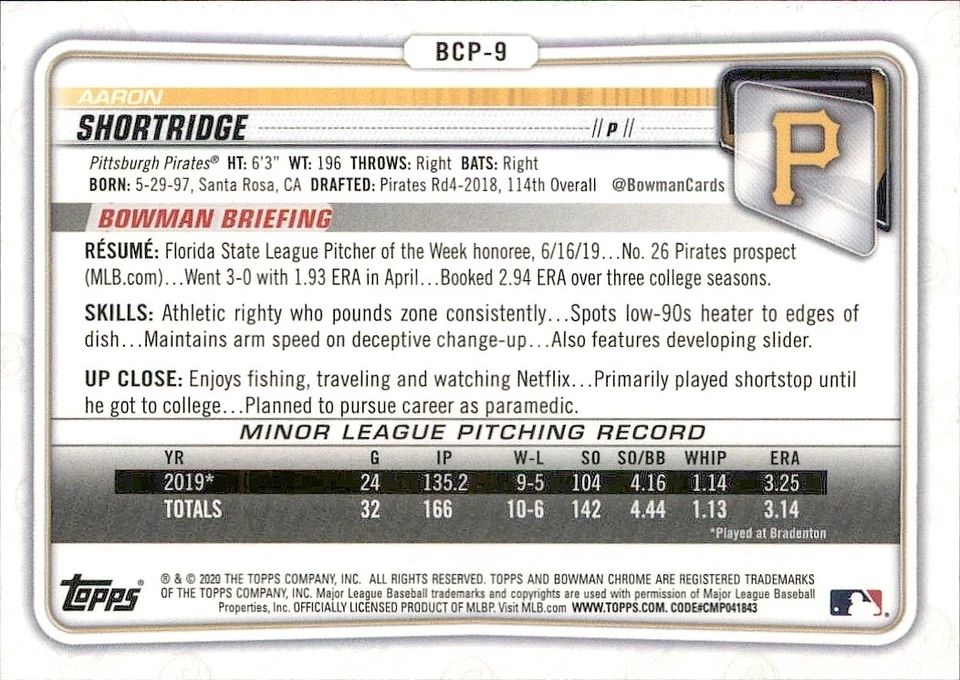 2020 BOWMAN CHROME SAPPHIRE 1ST PITTSBURGH PIRATES - AARON SHORTRIDGE #BCP-9 - Image 2 of 2