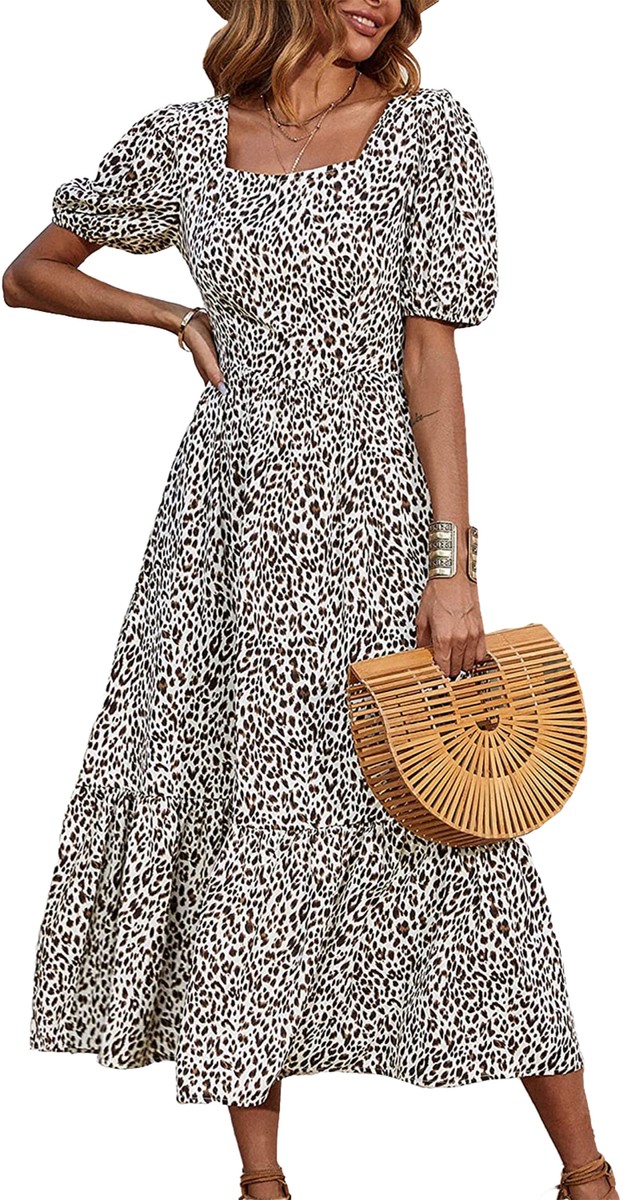 PRETTYGARDEN NEW Women M Wild Cheetah Leopard Maxi Tiered Puff Sleeve Boho  Dress | eBay
