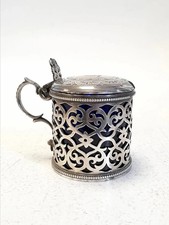 Antique Sterling Silver Pierced Mustard Pot Blue Glass Liner 115.7G Hallmarked