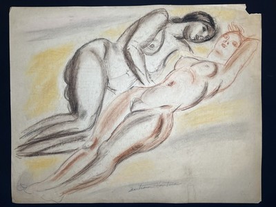Double Reclining Female Figure Bertram Hartman  20th C. Conte and Pastel Drawing