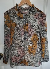 H&M Women's Floral Sheer Blouse, Long Sleeve, Stand Up Ruffle Collar, Size 6
