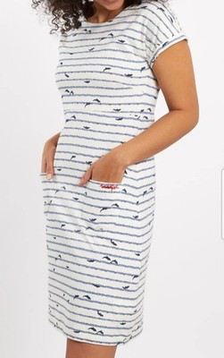 Weird Fish Printed Jersey Dress UK 14 White Blue Striped Short Sleeve Casual